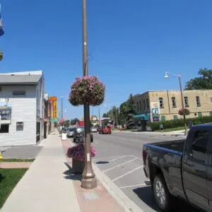 A K723 Falconridge Jr. fixture accompanied by flowerpot holders on top of a Belmont pole.