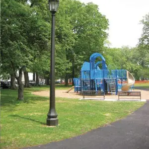 A K56 Cleveland fixture atop a Belmont pole.