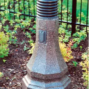Belmont Bollard - Concrete A lit Belmont style bollard finished with one of our signature concrete décor colors - Saluki Bronze.
