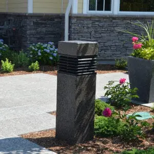 Martello Square Bollard- Concrete A lit Martello Square style bollard finished with one of our signature concrete décor colors - Pearl Gray.