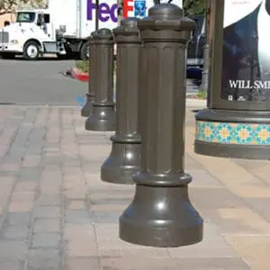 Multiple non-lit traditional style bollards finished off with one of our signature powder coat colors – Gate Gray. This project is located outside of The oaks shopping center in Thousand Oaks, California.