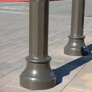 Multiple non-lit traditional style bollards finished off with one of our signature powder coat colors – Gate Gray. This project is located outside of The oaks shopping center in Thousand Oaks, California.