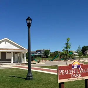 A K445 Sol-Lux fixture atop a Talisman pole. This project is at Peaceful Valley Park located in Waunakee, Wisconsin.