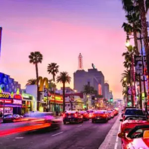 Multiple K803 Solitaire Sr. and K703 Solitaire Jr. fixtures installed on the busy street of Hollywood Blvd, located in Los Angeles, California.