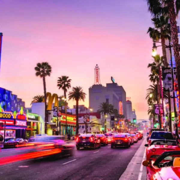 Multiple K803 Solitaire Sr. and K703 Solitaire Jr. fixtures installed on the busy street of Hollywood Blvd, located in Los Angeles, California.