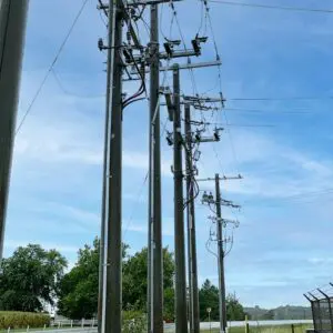 Multiple spun concrete utility poles installed in the city of Keosauqua, Iowa.