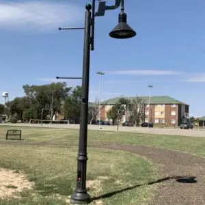 A K208 Moderne fixture accompanied by a KA15 Bishop's Crook arm all on top of a Canterbury pole. This project is located at Oklahoma Panhandle State University in Goodwell, Oklahoma.
