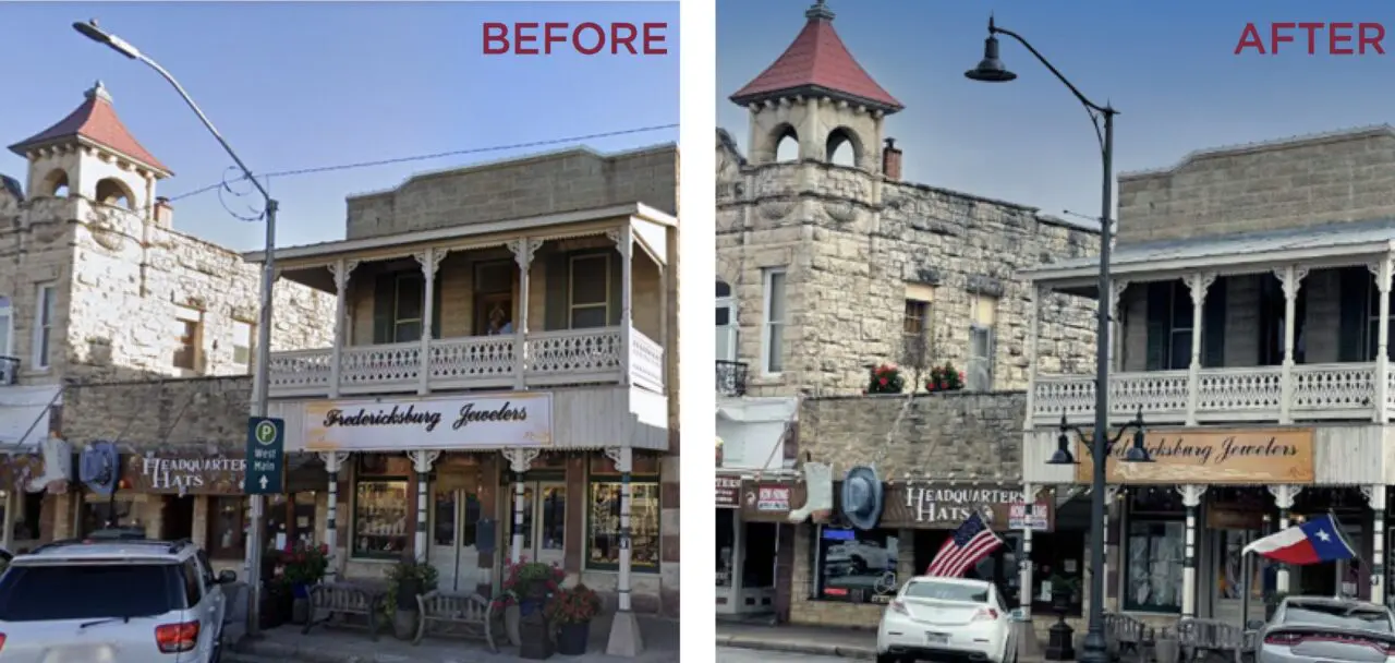 K807 Doral Sr. and K707 Doral Jr. pendants accompanied by a KA30 scroll arm with decorative scroll, two KA40 mini scroll arms with decorative scrolls, and banner arms atop a Washington style pole. This image highlights the before and after results in Fredericksburg, Texas.