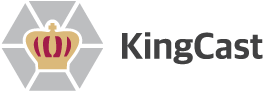 Logo for King Cast. Logo illustrates a crown using gray, gold, and red with the words 'King Cast' in a dark gray.
