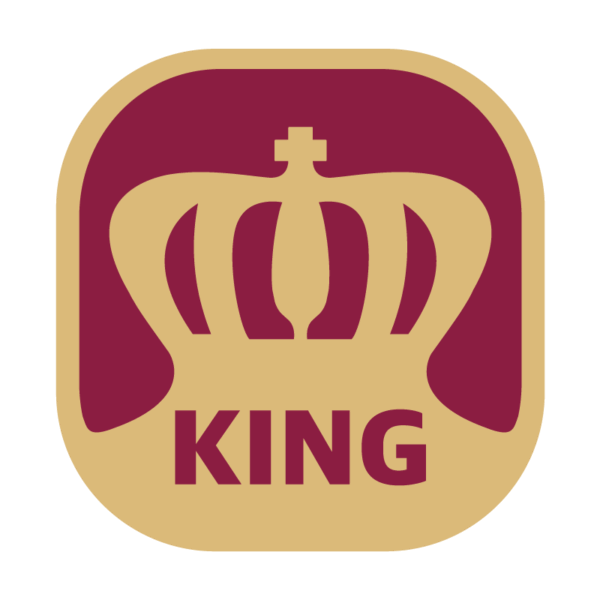 Logo for King Luminaire. Logo illustrates a crown and the word 'King' using both gold and red.