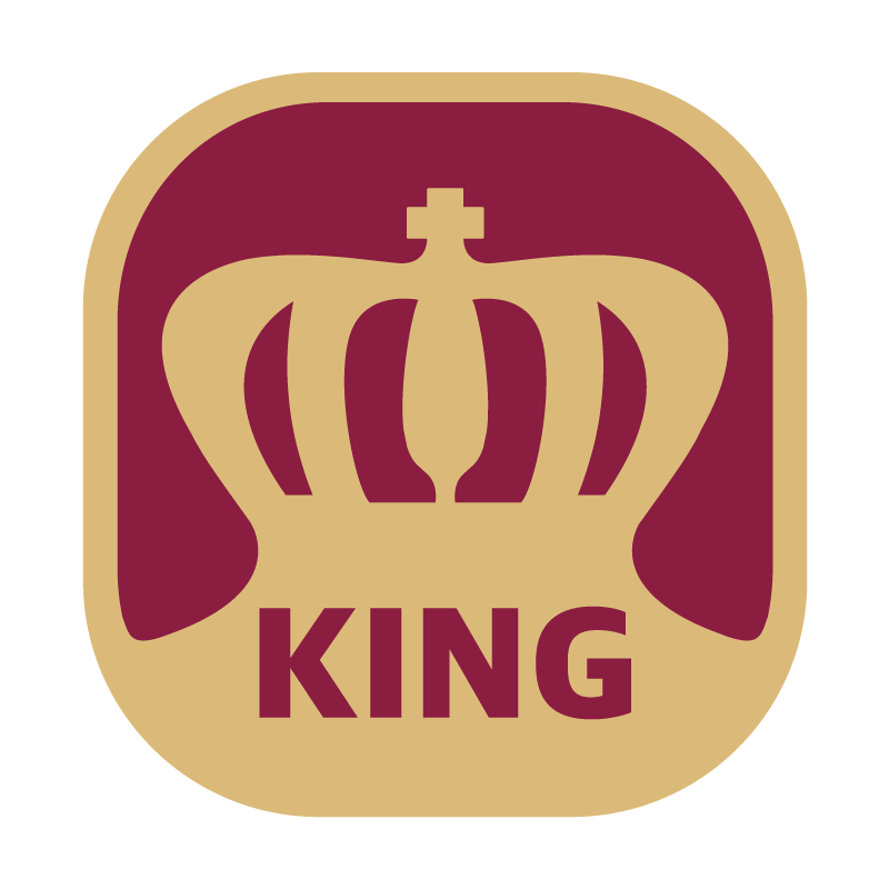 Logo for King Luminaire. Logo illustrates a crown and the word 'King' using both gold and red.