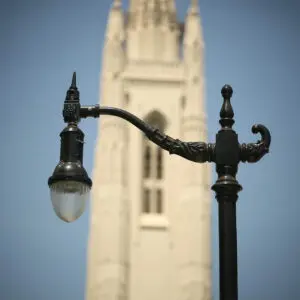 A K703 Solitaire Jr. fixture accompanied by a KA72 Atlantic arm. This project is in front of a cathedral.