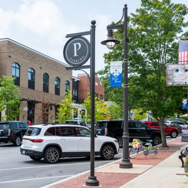 A K206 Marina fixture accompanied by a KA51 Marina 1 arm and banner arms atop of a Canterbury Jr. metal pole. This project is in the downtown area of Flowery Branch, Georgia.