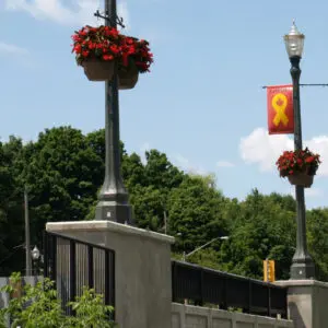 Multiple K124 Paragon fixtures accompanied by banner arms and flowerpot arms atop of a Talisman pole. This project is next to busy road in Canada.