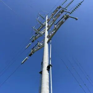 Utility Pole - Road Crossing A spun concrete utility pole with a 'road crossing' application.