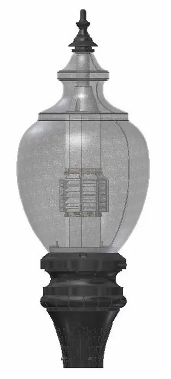 K118 Washington - Assembled Illustration An illustration of a K118 Washington fixture fully assembled, including globe, engine, and capital.