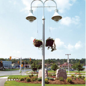 K210 Midland Marina fixtures accompanied by flowerpot holders and Bishop Crook style arms all on a square non-tapered pole.