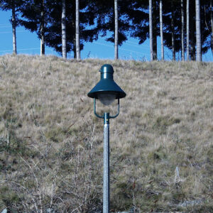 K308 Moderne fixture atop a Belmont style pole.