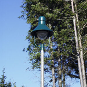 K308 Moderne fixture atop a Belmont style pole.