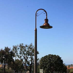 A K707 Doral Jr. fixture accompanied by a Bishop's Crook with decorative scroll all on top of a Canterbury style pole.