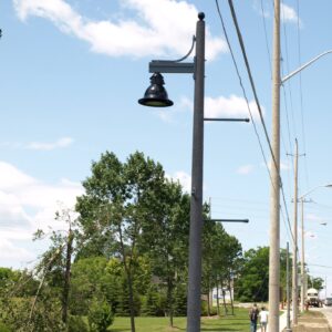 A K729 Aurora Jr. fixture accompanied by banner arms and a Marina style arm all on top of a Canterbury pole.