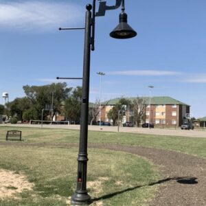A K208 Moderne fixture accompanied by a KA15 Bishop's Crook arm all on top of a Canterbury pole. This project is located at Oklahoma Panhandle State University in Goodwell, Oklahoma.