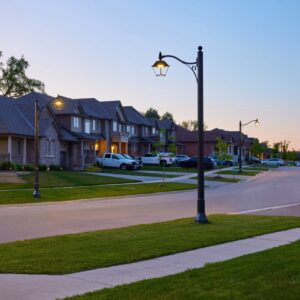 A K601D Coach Lantern fixture accompanied by a KA36 Farmington arm atop a Memphis pole. This project is in a neighborhood located in Smithville, Ontario.