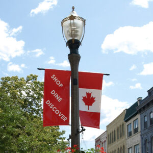 Multiple K124 Paragon fixtures accompanied by banner arms and flowerpot arms atop of a Talisman pole. This project is in a downtown area in Canada.