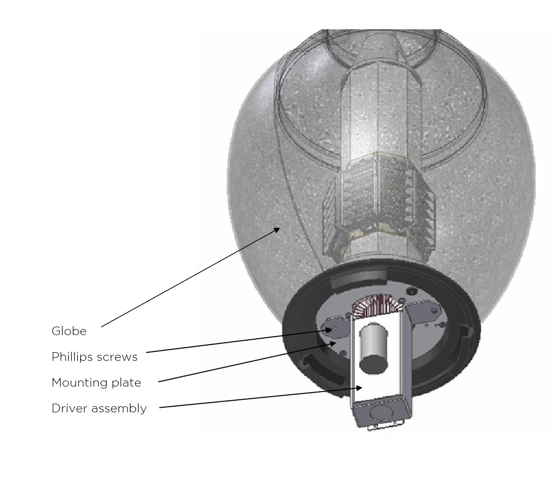 K118 Washington - Driver Assembly An illustration of a K118 Washington and Driver Assembly. This illustration details parts of a fixture including the globe, mounting plate, and driver assembly.